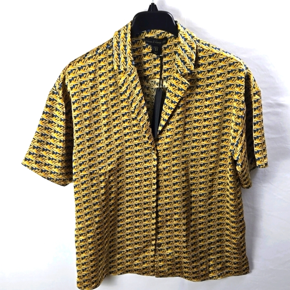 House Of Harlow 1960 Womens Gold Blue Satin Button Up Blouse Sz M - NWT
